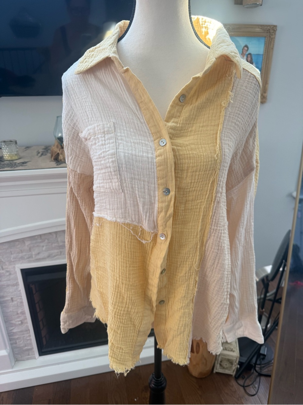 Lightweight Yellow & White Button-Up Women's Shirt Cotton Gauzy Size Large